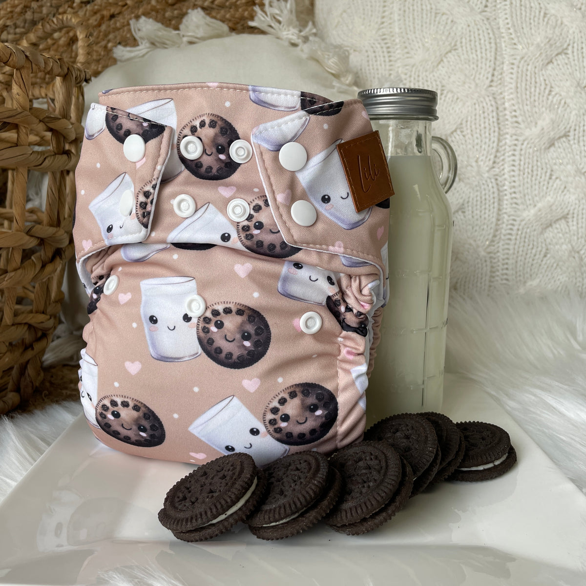 Les Confections Lili | Washable diaper | GRANDE taille | Milk & Cookies (Full Print)