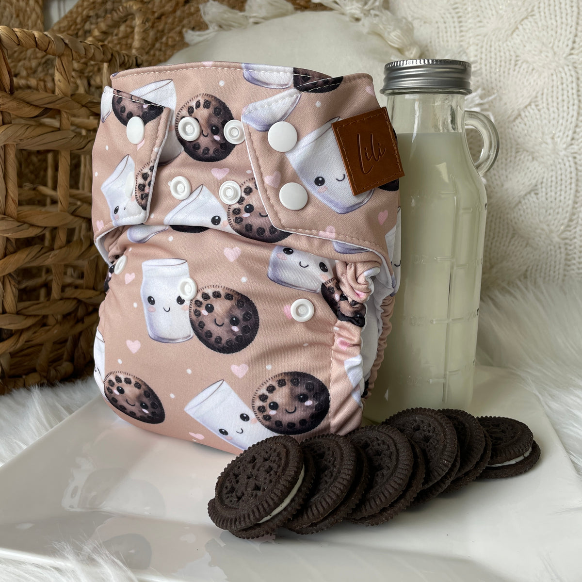 Les Confections Lili | Washable diaper | GRANDE taille | Milk & Cookies (Full Print)